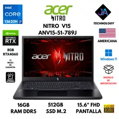 ACER - LAPTOP NITRO V15 ANV15-51-789J CORE I7-13620H 16GB RAM 512GB SSD 8GB RTX4060 156 AMERICANA