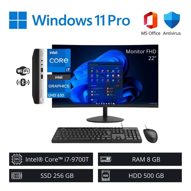 Computadora PC Intel Core i7-9700T 8GB RAM 256GB SSD 500GB HDD + Monitor 22” FHD WiFi +BT