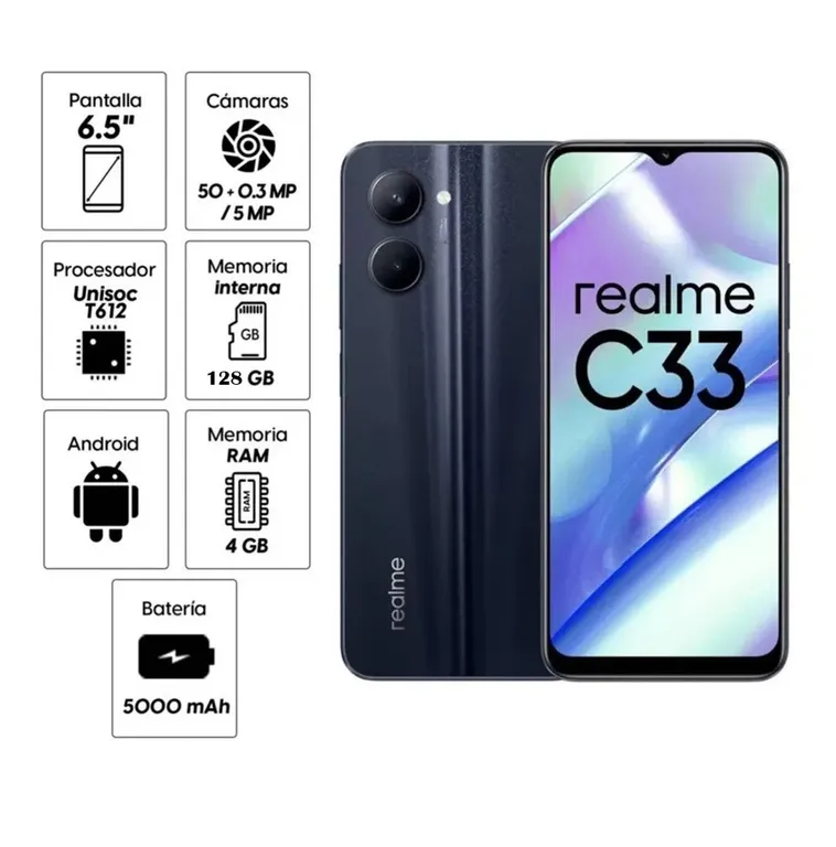 Smartphone C33 128 GB ROM 4 GB RAM Pantalla 6.5" Cámara 50MP POWERFULL UNISOC T612 Batería 5000 mAh