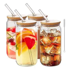 EVERSO - Set X4 Vaso Lata De Vidrio Con Bombilla Tapa De Bambu 500ml