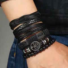 GENERICO - PULSERAS HOMBRE CUERO SET PACK DE 6 REGULABLES