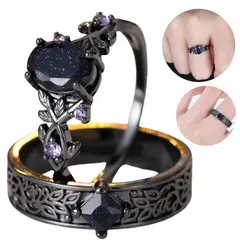 GENERICO - Anillo Solitario Negro con Incrustaciones de Circonia Lila