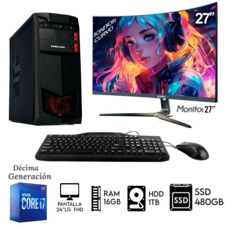 COMPUTADORA PC CORE I7-10TH RAM 16GB DISCO HDD 1TB + SSD 480GB MONITOR 27 FHD