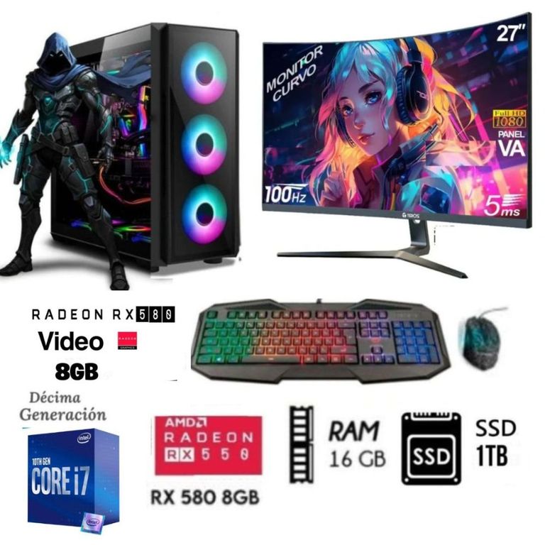Computadora PC Gamer Core I7-10TH Ram16GB DISCO SSD 1TB Video RX 580 8GB M27