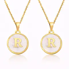 GENERICO - Collares de Pareja Letras R y R con Nácar en Acero Inoxidable Dorado 50 cm