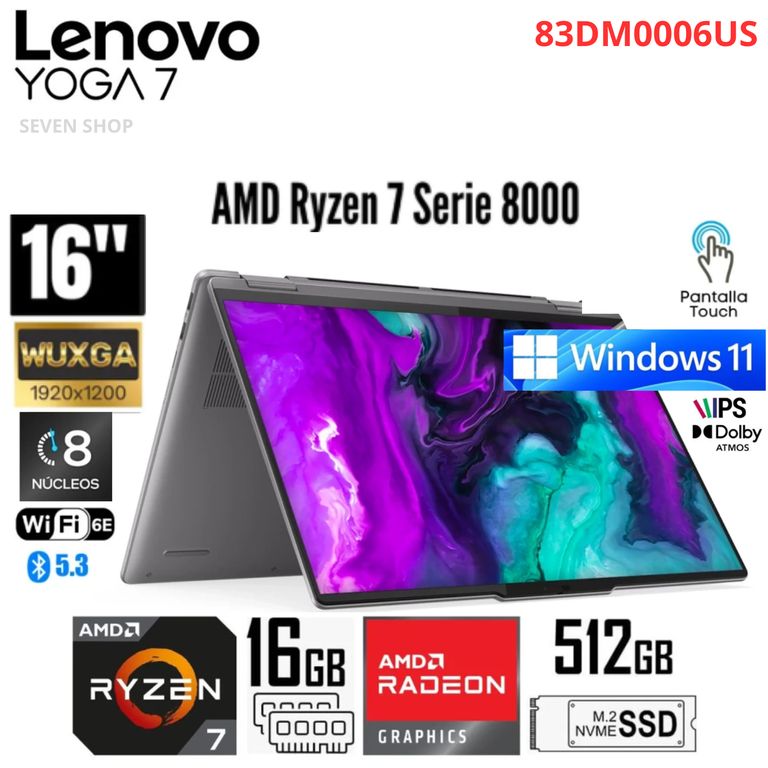 Laptop Yoga 7 16AHP9 2 IN 1 AMD Ryzen 7-8840HS 16GB RAM 512GB SSD 16" WUXGA WIN11 83DM0006US