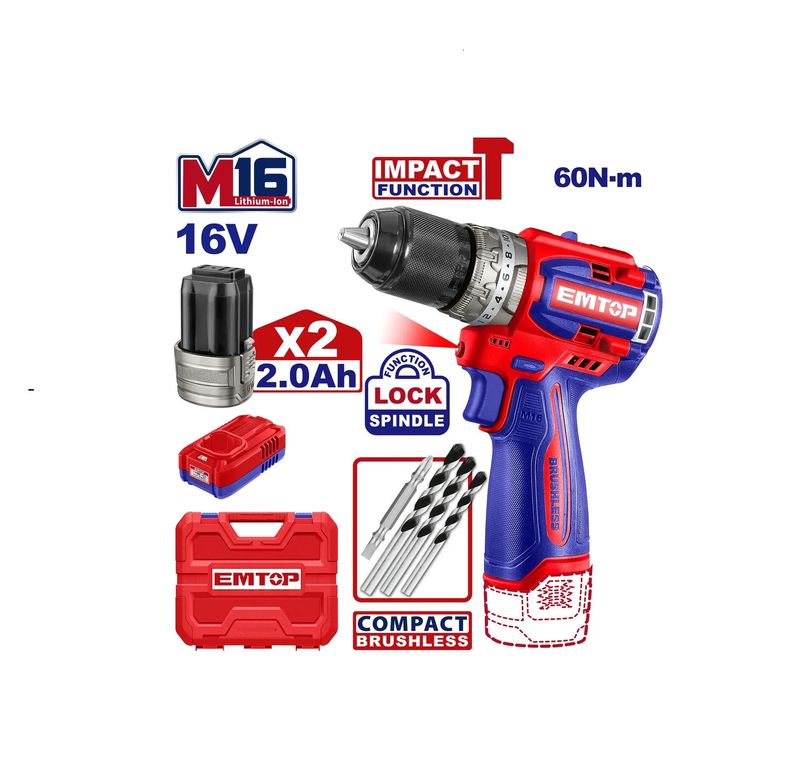 TALADRO PERCUTOR BRUSHLESS CHUCK METÁLICO 16V 60NM 2 AH (x2) ECIDL16682 -