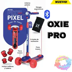 OXIEPRO - SCOOTER OXIE PRO CON LUCES Y MUSICA PIXEL INCLUYE RODILLERA CODERA Y BOLSA DE TRANSPORTE DE OBSEQUIO - AZUL CON ROJO