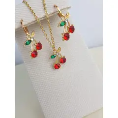 GENERICO - JUEGO DE COLLAR Y ARETES CEREZA