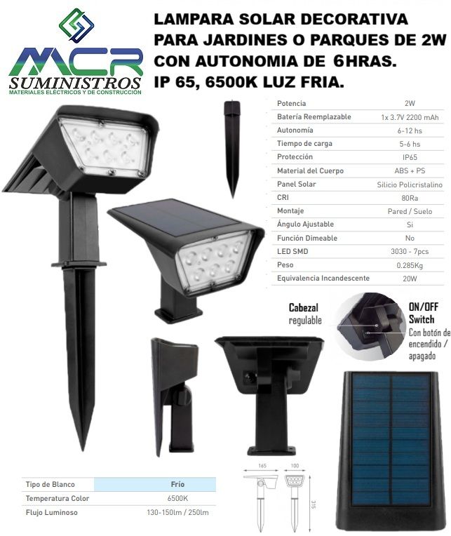 LAMPARA SOLAR DECORATIVA PARA JARDINES O PARQUE DE 2W CON AUTONOMIA DE 6 HORAS, 6500K LUZ FRIA.