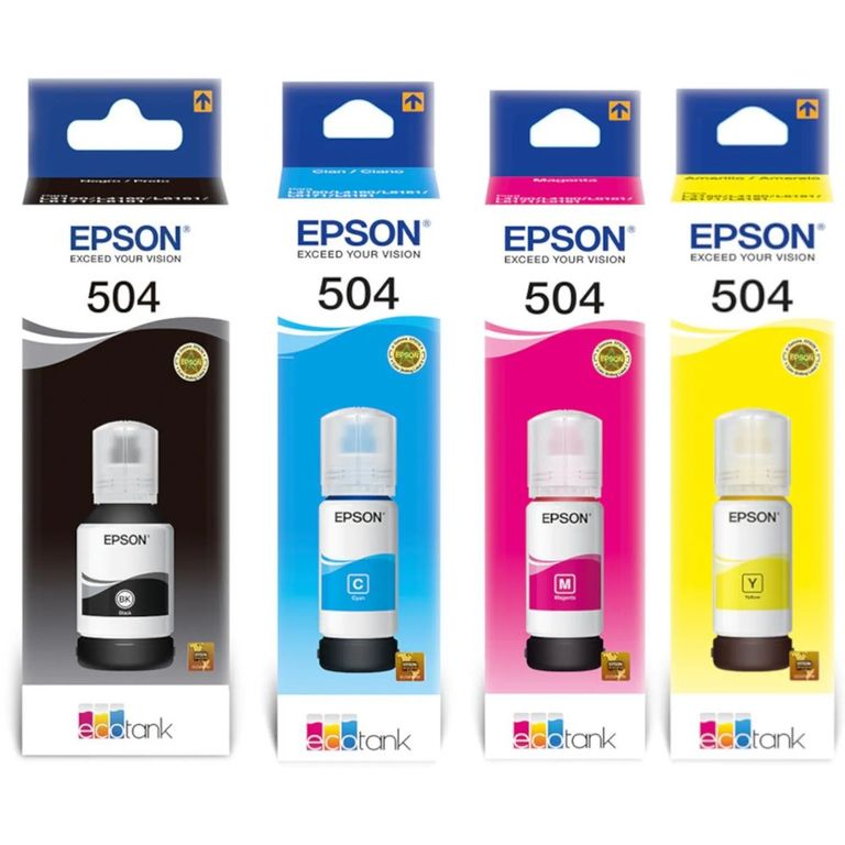 Pack 4 Tintas Original T504 – EcoTank Negro Cian Magenta Amarillo
