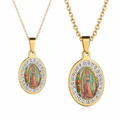 GENERICO - Pack 2 collares pareja Virgen de Guadalupe con cristales dorado