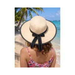 GENERICO - Sombrero Playero Beige con Lazo Negro Elegancia y Protección Solar