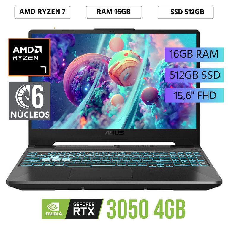 Laptop TUF Gaming A15 AMD Ryzen 7 7445HS, 15.6"FHD Ram 16GB, SSD 512GB, FreeDos