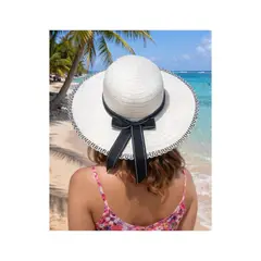 GENERICO - Sombrero Playero Blanco con Lazo Negro Elegancia y Protección Solar
