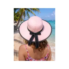 GENERICO - Sombrero Playero Rosado con Lazo Negro Elegancia y Protección Solar