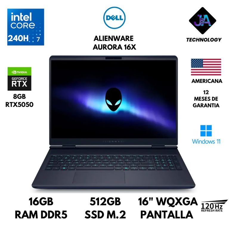 LAPTOP ALIENWARE AURORA CORE 7 240H 16GB RAM 512GB SSD 8GB RTX5050 16" WQXGA WIN 11 AMERICANA