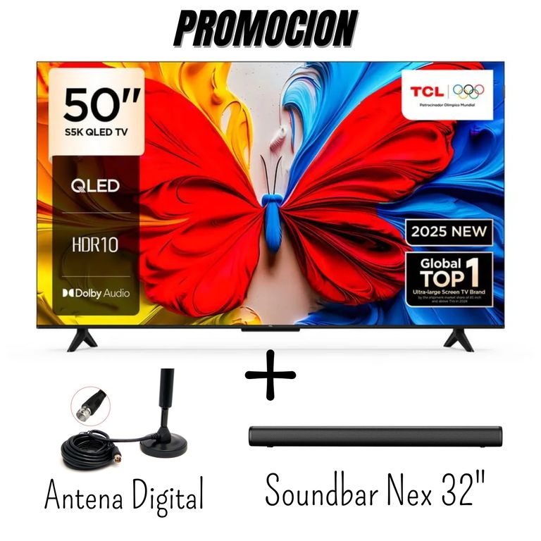 Televisor 50 Pulgadas QLED FHD Google TV HDR10 50S5K + Antena Digital + Soundbar Nex (2025)