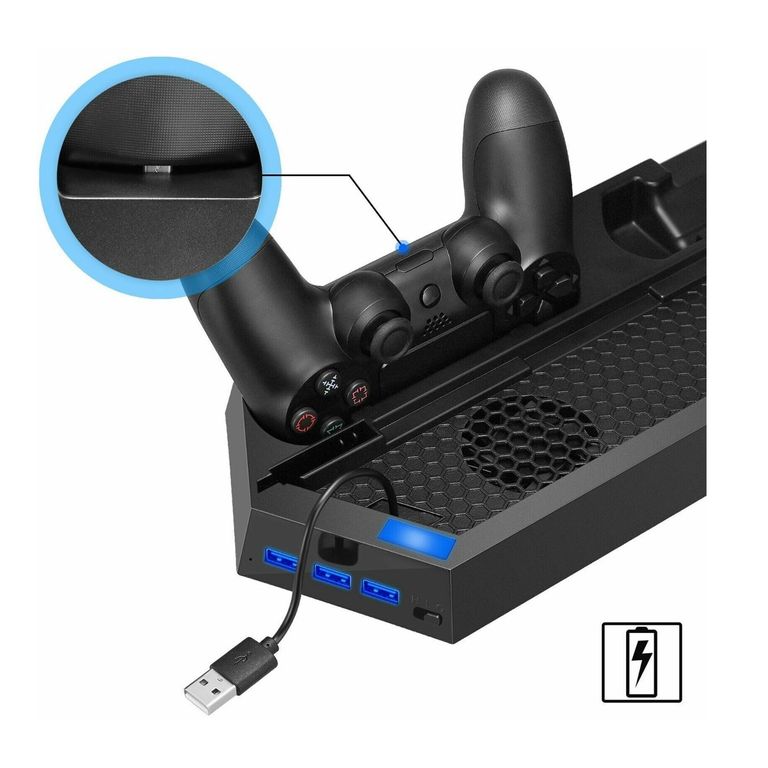 Base Enfriadora PS4 FAT Todo en Uno Soporte Vertical + Carga 2 Mandos + 3 Puertos USB