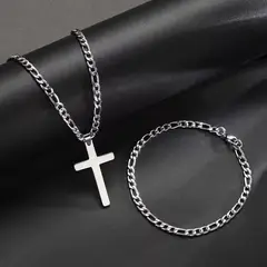 GENERICO - Set collar y pulsera para hombre cruz plateada acero inoxidable
