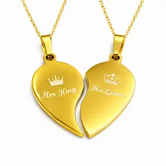 GENERICO - Pack 2 collares corazón partido pareja dorado King Queen