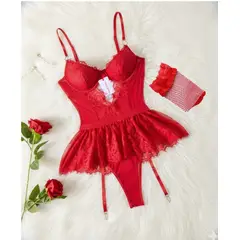 GENERICO - BODY LENCERIA SEXY DE ENCAJE PORTALIGAS ROJO L