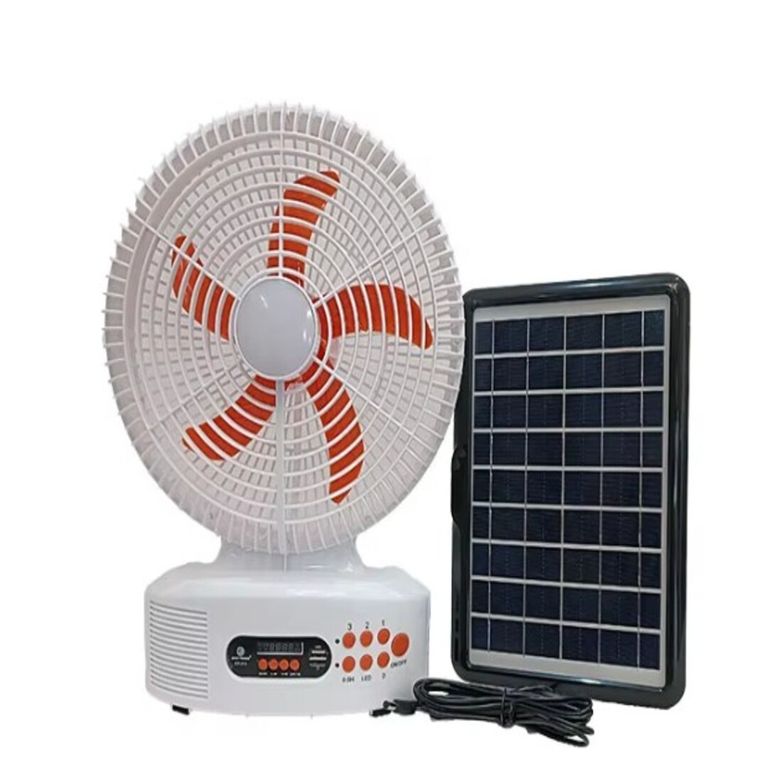 VENTILADOR SOLAR RECARGABLE AC/DC DE 12 PULGADAS CON PARLANTE BLUETOOTH Y LUZ LED
