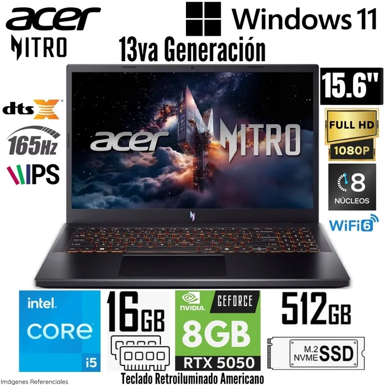 Laptop Nitro V15 ANV15-52-57BB Intel Core i5-13420H 16GB RAM 512GB SSD RTX 5050-8GB 15.6" FHD 165Hz