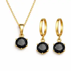 GENERICO - Set collar y aretes con piedra negra mujer cadena rolo baño en oro Punto de luz