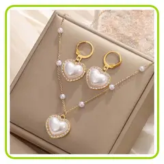 GENERICO - Set Aretes Colgantes y Collar Corazon con Perlas