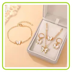 GENERICO - Set Aretes Collar Pulsera Elegante Mariposas con Dorado 4 en 1