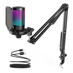 FIFINE - Micrófono Gamer A6T con Soporte de brazo condensador USB color negro RGB