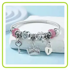 GENERICO - Pulsera Charms Elastica Corona de Reina Corazon Llave y Candado Lovely