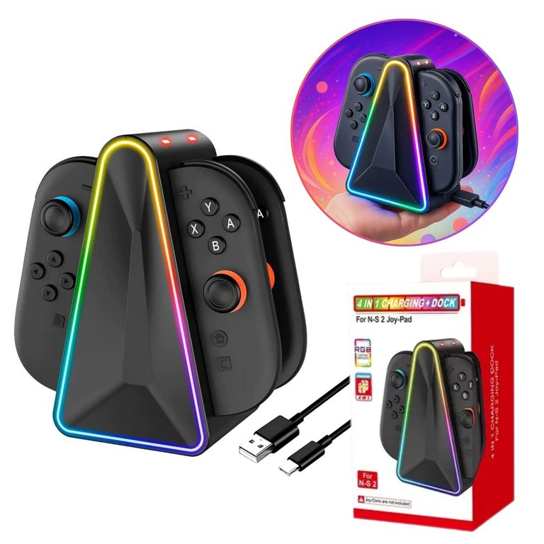 Base Estacion de Carga Mando Nintendo Switch 4 EN 1 RGB Cargador con Luces LED RGB