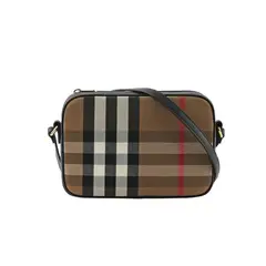 BURBERRY - Bolso grande para cámara a cuadros en marrón y cuero negro 80840271