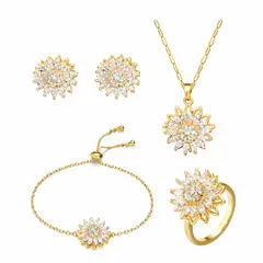 GENERICO - Set de Joyería Mujer Collar Pulsera Aretes y Anillo Flor Baño de Oro giratorio