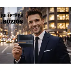 BUZIOS - BILLETERA PARA CABALLERO DE CUERO GENUINO NEGRO Y DETALLES EN CONTRASTE PREMIUM