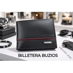 BUZIOS - BILLETERA PARA CABALLERO DE CUERO GENUINO NEGRO Y DETALLES FLOTER CONTRASTE ROJO PREMIUM