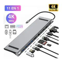 GENERICO - Hub Multifuncional11 en 1 Tipo C 4K HDMI Ethernet USB 3 Punto 0 Lector de Memoria SDTF