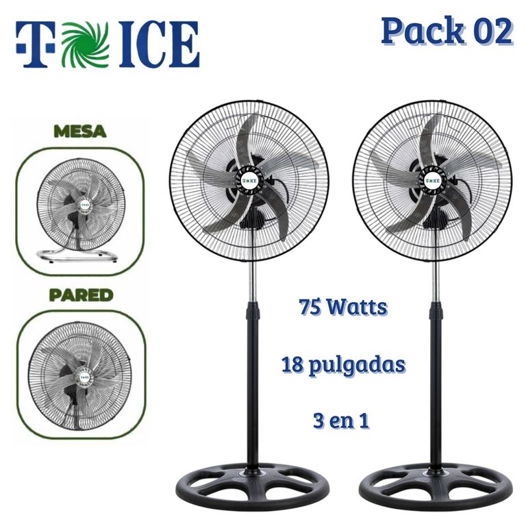Pack 02 Ventiladores T-ICE 75 Watts, 3 en 1 Pedestal, Mesa y Pared