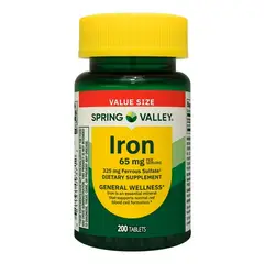 SPRING VALLEY - Hierro Suplemento Iron 65mg 200 Tabletas Sin sabor