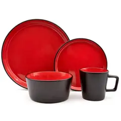 ICHIMATSU - Juego de Vajilla Negro Interior Rojo de Loza 16 Piezas-