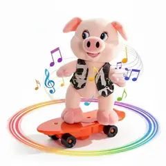 GENERICO - Peluche Juguete Cerdito Vaquero Musical para Niños Mascota Interactiva con Patineta Giro 360°