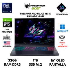 ACER - LAPTOP PREDATOR HELIOS NEO 16S ULTRA 9 275HX 32GB 1TB SSD 12GB RTX5070TI 16" OLED AMERICANA