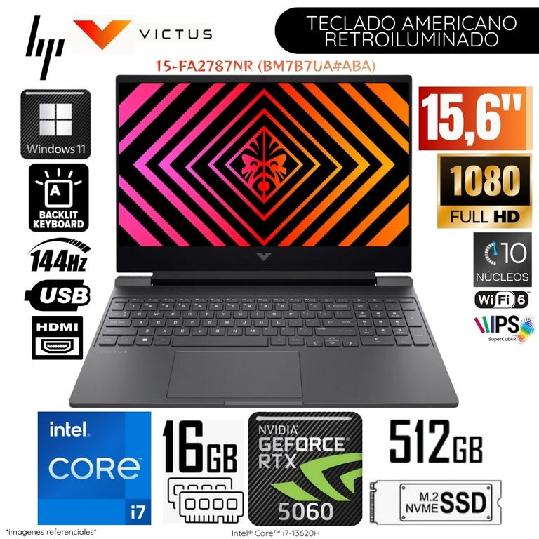 Laptop Gaming Victus 15-FA2787NR Intel Corei7-13520H 16GB RAM 512GB SSD 15.6" FHD RTX5060-8GB