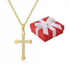 GENERICO - Collar Unisex Cruz Circonita Acero Dorado Regalo Comunión Protección