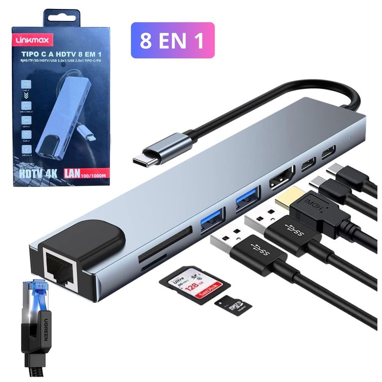 Adaptador Hub USB-C 8 en 1 - HDMI 4K, RJ45, Carga PD 87W y USB 3.0 SD / TF