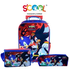 SCOOL - Set Mochila De Ruedas + Lonchera + Cartuchera Kombat Grande Eva 3D Sonic