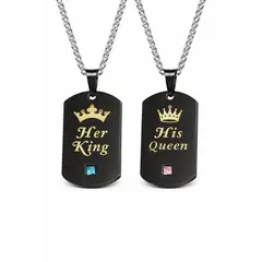 GENERICO - Pack 2 Collares King y Queen para Parejas en Acero Negro y Dorado