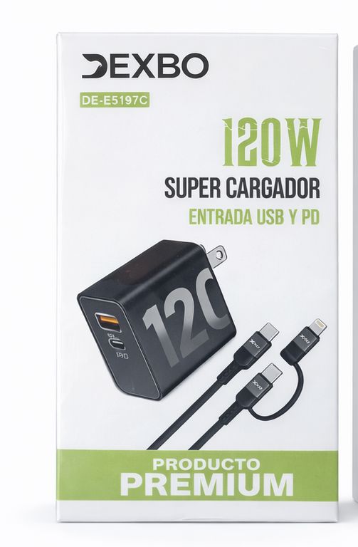 Cargador Rápido DEXBO 120W USB + PD Power Delivery Modelo DE-E5197C